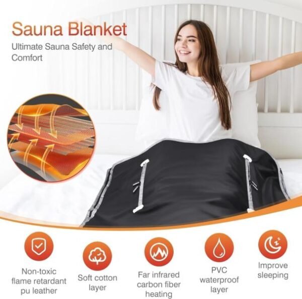 Manta de sauna infrarroja, manta de sauna para uso doméstico, diseño portátil para relajación y desintoxicación más alto 176 ?, temporizador de 20 a 60 minutos, 6 pies x 2.65 pies (negro) - Imagen 4