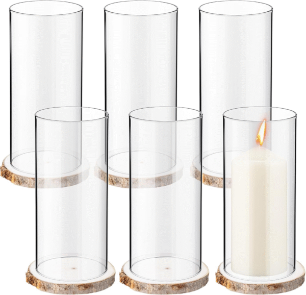 Yaomiao Juego de 6 portavelas de cristal, cilindros de vidrio 6"x10", con bandeja de madera, ideal para velas de pilar, jarrones, decoración de bodas o mesas. VALORADO
