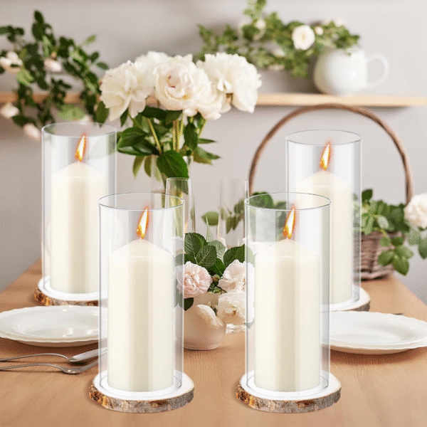 Yaomiao Juego de 6 portavelas de cristal, cilindros de vidrio 6"x10", con bandeja de madera, ideal para velas de pilar, jarrones, decoración de bodas o mesas. VALORADO - Imagen 2