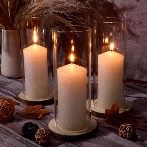 Yaomiao Juego de 6 portavelas de cristal, cilindros de vidrio 6"x10", con bandeja de madera, ideal para velas de pilar, jarrones, decoración de bodas o mesas. VALORADO - Imagen 3