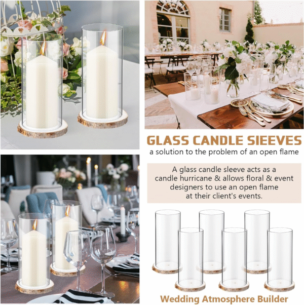 Yaomiao Juego de 6 portavelas de cristal, cilindros de vidrio 6"x10", con bandeja de madera, ideal para velas de pilar, jarrones, decoración de bodas o mesas. VALORADO - Imagen 4