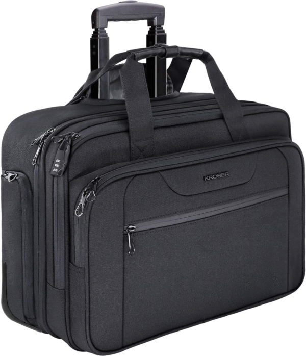 KROSER Maletín con ruedas, para laptop de hasta 17.3", resistente al agua, bolsillos RFID, ideal para viajes, negocios o escuela, color negro, diseño unisex. VALORADO