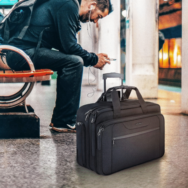 KROSER Maletín con ruedas, para laptop de hasta 17.3", resistente al agua, bolsillos RFID, ideal para viajes, negocios o escuela, color negro, diseño unisex. VALORADO - Imagen 2