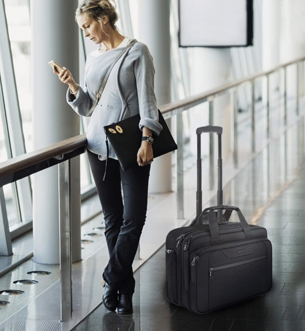 KROSER Maletín con ruedas, para laptop de hasta 17.3", resistente al agua, bolsillos RFID, ideal para viajes, negocios o escuela, color negro, diseño unisex. VALORADO - Imagen 3