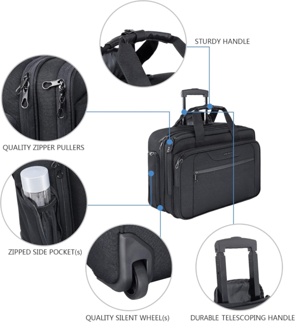 KROSER Maletín con ruedas, para laptop de hasta 17.3", resistente al agua, bolsillos RFID, ideal para viajes, negocios o escuela, color negro, diseño unisex. VALORADO - Imagen 4