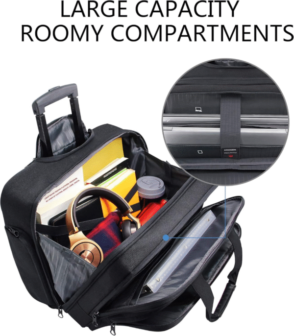KROSER Maletín con ruedas, para laptop de hasta 17.3", resistente al agua, bolsillos RFID, ideal para viajes, negocios o escuela, color negro, diseño unisex. VALORADO - Imagen 6