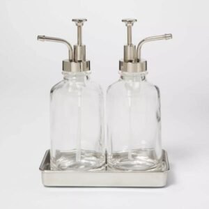 2 Dispensadores de vidrio transparente,  jabón/loción y una bandeja para mantenerlos juntos,  de resina apariencia mármol antideslizante, bomba de jabón doble transparente, *VALORADO*
