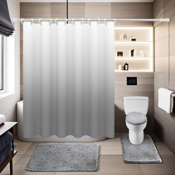Juego de cortina de ducha gris claro con alfombra y tapete en U antideslizantes, decoración de baño de lujo, resistente y fácil de limpiar.