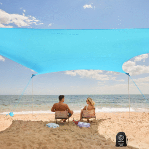 WEKAPO Tienda de campaña de playa, 4 postes resistentes, sacos de arena, pala, altura 2 m, fácil de instalar, parasol resistente al viento para playa o patio.