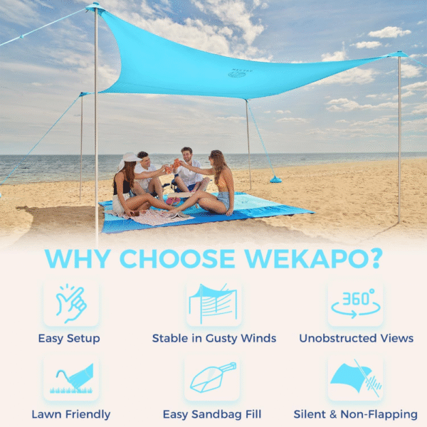 WEKAPO Tienda de campaña de playa, 4 postes resistentes, sacos de arena, pala, altura 2 m, fácil de instalar, parasol resistente al viento para playa o patio. - Imagen 3