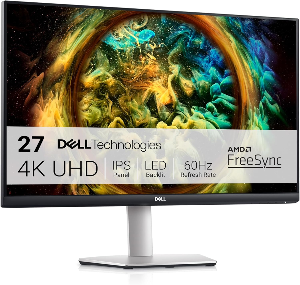 Dell S2721QS, monitor 27?, IPS 4K UHD (3840x2160), bisel ultrafino, AMD FreeSync, HDMI y DisplayPort, compatible VESA, color plateado