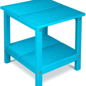 HDPE Mesa de patio pequeña, 2 niveles, 16"x16"x18", resistente, ligera, azul, ideal para exterior.