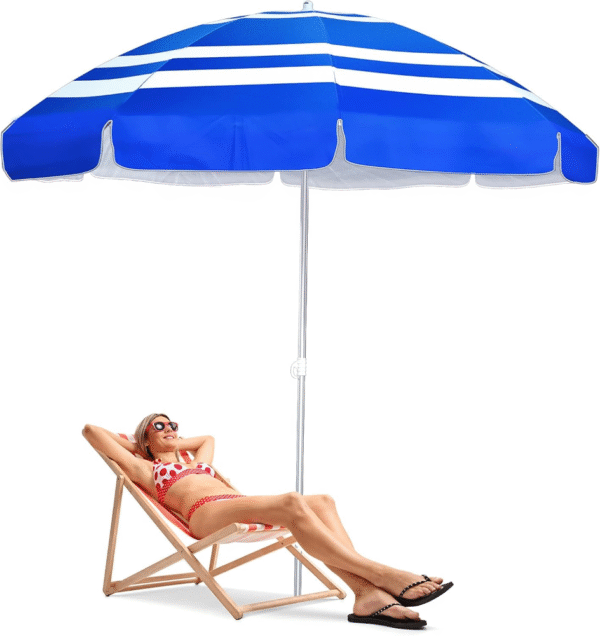 Sombrilla de playa UV 50+, paraguas de 6.5 pies con anclaje de arena y poste de aluminio, paraguas de playa portátil con bolsa de transporte para playa, patio, jardín, piscina