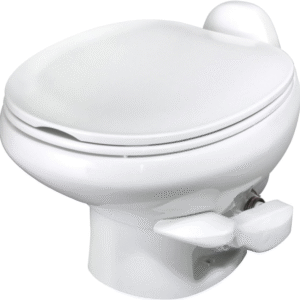Thetford Aqua Magic retrete bajo, color blanco, diseño compacto para casas rodantes, sistema de ahorro de agua, fácil instalación y limpieza.