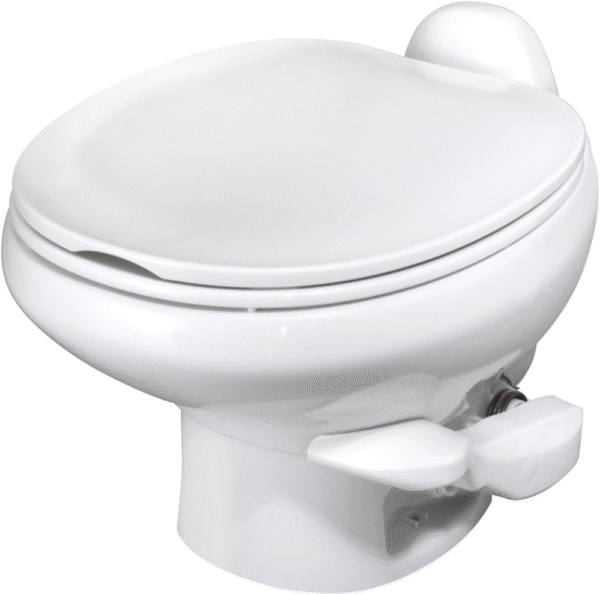 Thetford Aqua Magic retrete bajo, color blanco, diseño compacto para casas rodantes, sistema de ahorro de agua, fácil instalación y limpieza.