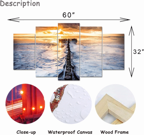Juego de 5 cuadros decorativos de pared, diseño 5 paneles, paisaje marino con atardecer, impresión en lienzo de alta definición, moderno, ideal para sala, oficina o dormitorio. - Imagen 2