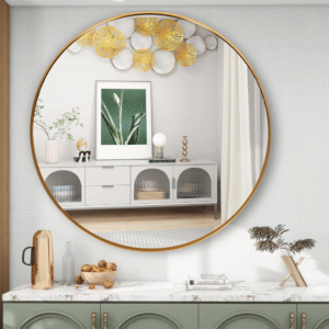 Espejo redondo dorado de 50 cm., marco de metal, espejos redondos de pared para sala de estar, baño, pared, entrada, tocador, estilo de tendencia, hecho de vidrio templado de alta resistencia