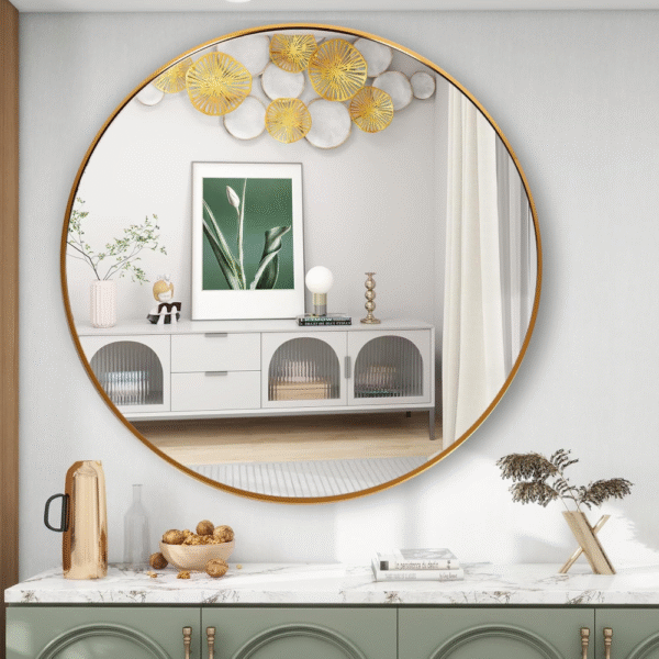 Espejo redondo dorado de 50 cm., marco de metal, espejos redondos de pared para sala de estar, baño, pared, entrada, tocador, estilo de tendencia, hecho de vidrio templado de alta resistencia