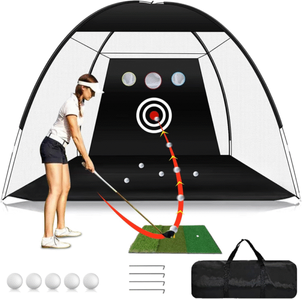 Red de práctica de golf resistente. Red de 10x7x6 ft, tela Oxford 420D, malla resistente a impactos, fácil montaje en 5 min, incluye bolsa portátil, 3 pelotas y alfombrilla, interior/exterior
