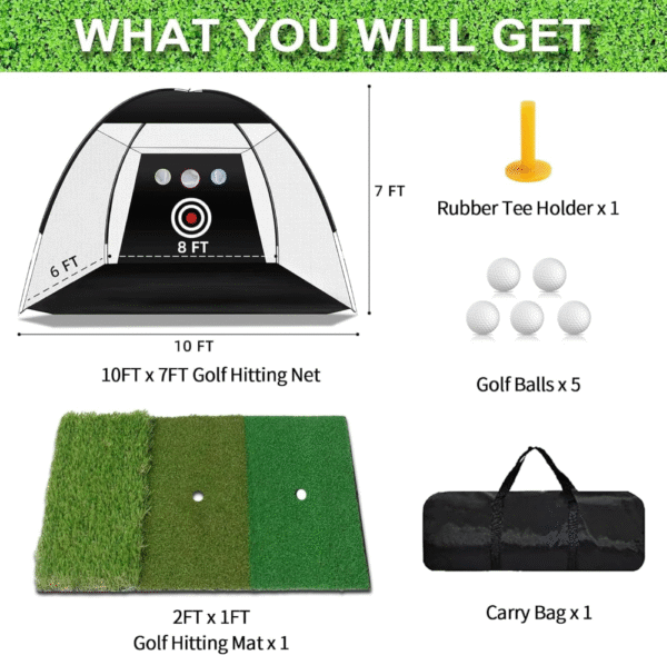 Red de práctica de golf resistente. Red de 10x7x6 ft, tela Oxford 420D, malla resistente a impactos, fácil montaje en 5 min, incluye bolsa portátil, 3 pelotas y alfombrilla, interior/exterior - Imagen 2