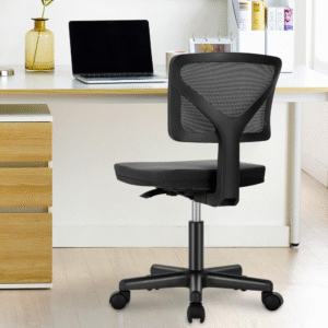 Silla de Oficina, Nylon Acero aleado Plástico Metal, sin reposabrazos, respaldo ergonómico de malla en C, asiento de espuma gruesa extraíble, altura regulable 40-52 cm, ruedas silenciosas