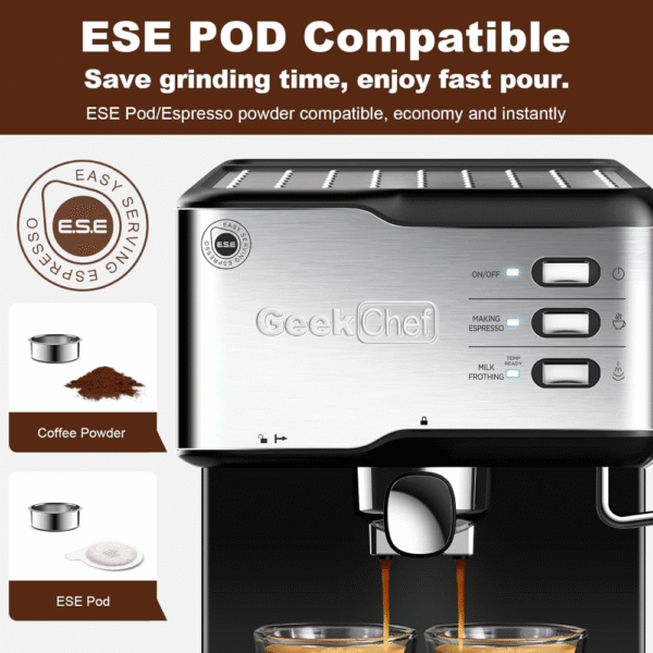 GeekChef Máquina de expreso con bomba de 20 bares, máquina de café con varita de vapor espumador de leche, Espresso 950W - Imagen 5