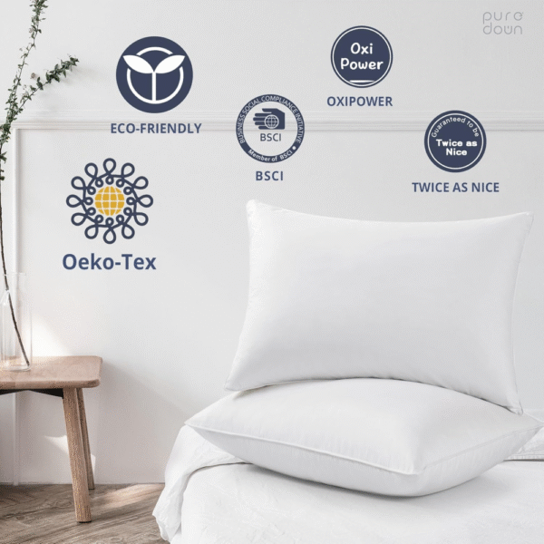 Tamaño estándar -Juego de 2 almohadas de plumas y plumón de ganso blanco, colección de hoteles, para dormir. - Imagen 2