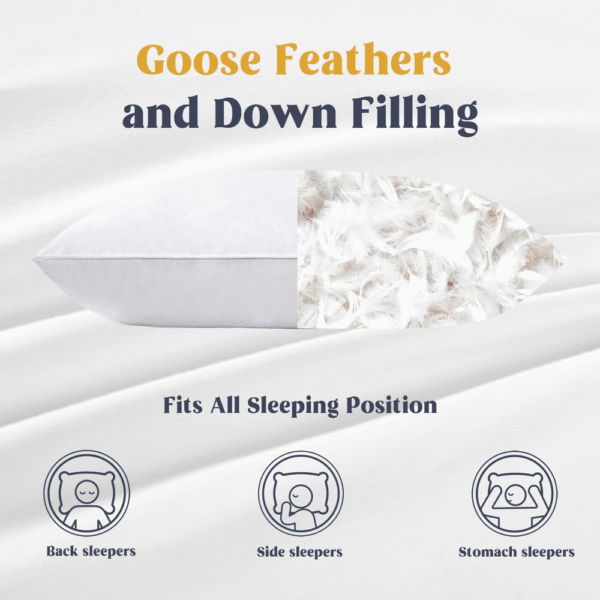 Tamaño estándar -Juego de 2 almohadas de plumas y plumón de ganso blanco, colección de hoteles, para dormir. - Imagen 3