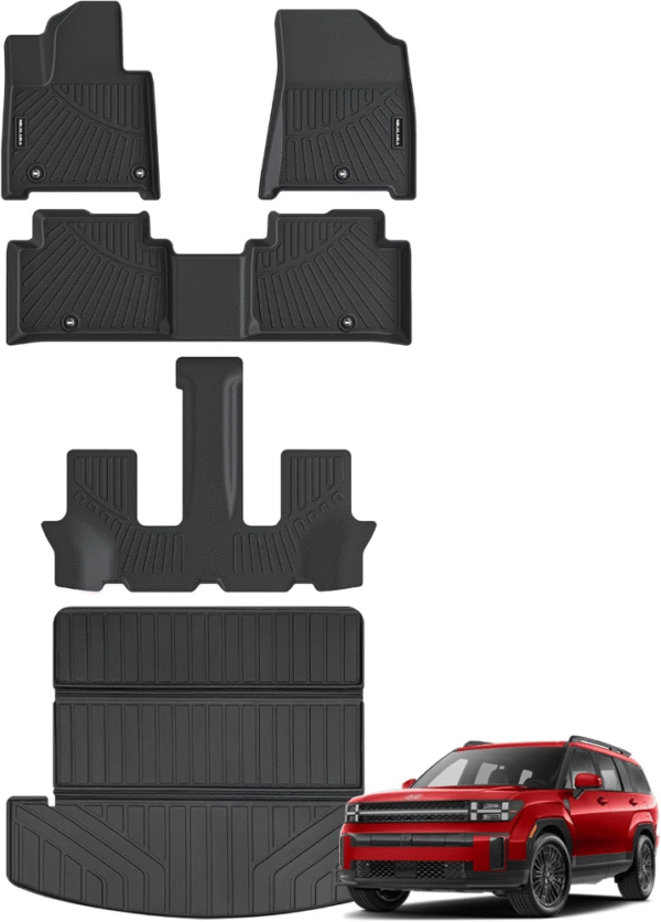 Alfombrillas y revestimiento Hyundai Santa FE 2024-2025 no híbrido, juego completo TPE, caucho negro, protección todo clima, incluye maletero y accesorios de carga.