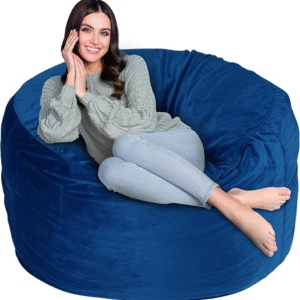 Fragess Puff gigante 90 cm, relleno espuma viscoelástica, funda terciopelo azul extraíble y lavable, medidas 91x91x61 cm, ideal para adultos.