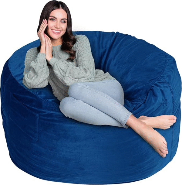 Fragess Puff gigante 90 cm, relleno espuma viscoelástica, funda terciopelo azul extraíble y lavable, medidas 91x91x61 cm, ideal para adultos.