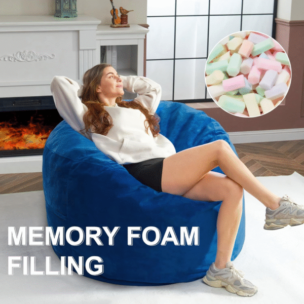 Fragess Puff gigante 90 cm, relleno espuma viscoelástica, funda terciopelo azul extraíble y lavable, medidas 91x91x61 cm, ideal para adultos. - Imagen 2