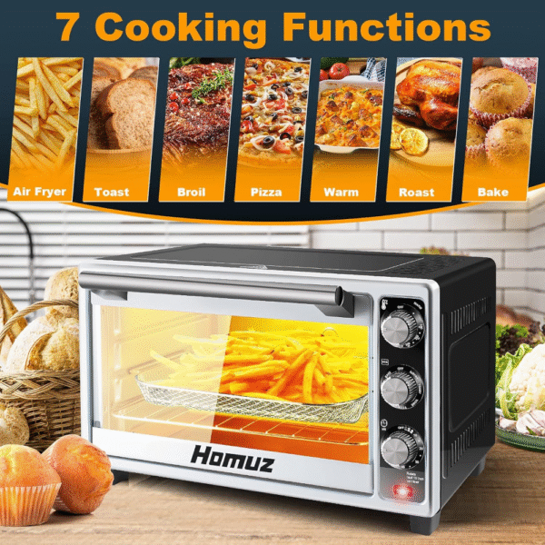 Homuz Freidora de aire 7 en 1 TO5726-UL, 1500W, 22L/23QT, negro plateado, tamaño familiar, hornea, asa, parrilla, pizza, cocina sin aceite, certificación ETL. - Imagen 3