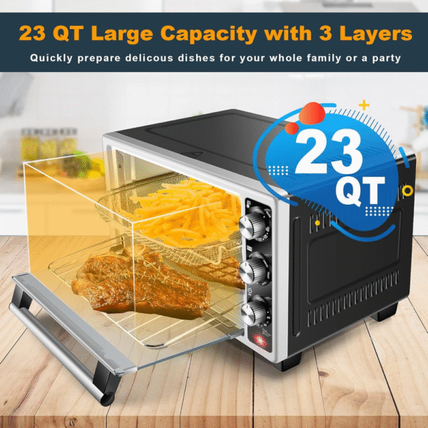 Homuz Freidora de aire 7 en 1 TO5726-UL, 1500W, 22L/23QT, negro plateado, tamaño familiar, hornea, asa, parrilla, pizza, cocina sin aceite, certificación ETL. - Imagen 6