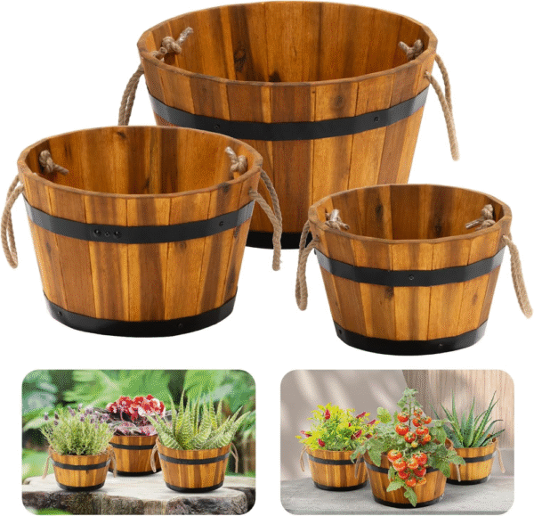 Juego de 3 cajas de flores de madera para exteriores, macetas de barril de madera de acacia duraderas para plantas al aire libre con asas ergonómicas, agujeros de drenaje, maceta de madera
