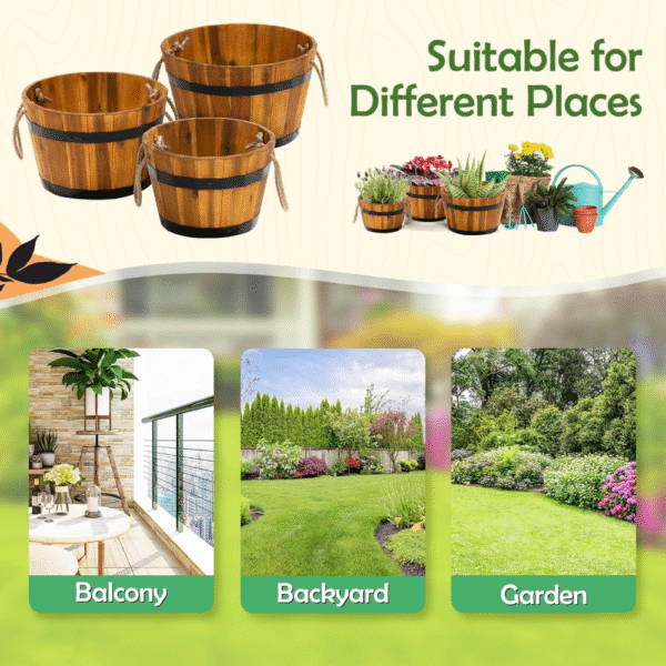 Juego de 3 cajas de flores de madera para exteriores, macetas de barril de madera de acacia duraderas para plantas al aire libre con asas ergonómicas, agujeros de drenaje, maceta de madera - Imagen 2