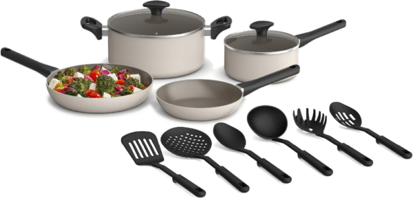 Juego de utensilios de cocina de 12 piezas con revestimiento antiadherente de cerámica EverGood?, apto para lavavajillas y horno, compatible con todas las estufas, tapas de vidrio templado
