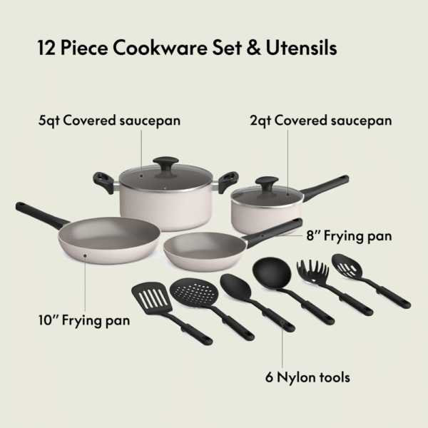 Juego de utensilios de cocina de 12 piezas con revestimiento antiadherente de cerámica EverGood?, apto para lavavajillas y horno, compatible con todas las estufas, tapas de vidrio templado - Imagen 4