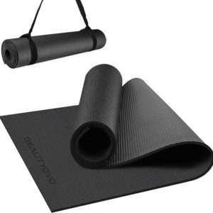 BEAUTYOVO Esterilla yoga TPE, 1/3 pulg extra gruesa, doble cara antideslizante, correa incluida, ideal para yoga, pilates y ejercicios de suelo, color negro.