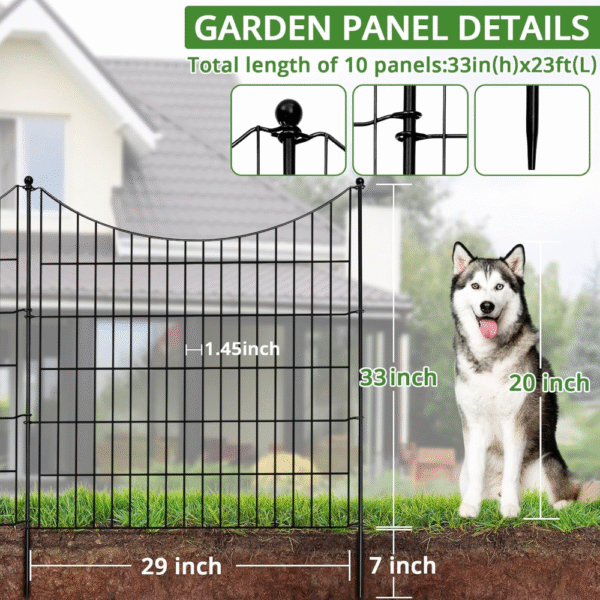 Valla decorativa 10 paneles, 81 cm alto x 7,3 m largo, alambre metálico inoxidable, sin excavación, con 11 estacas, barrera para perros, conejos, bordes de jardín y patios. - Imagen 5
