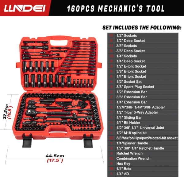 LLNDEI Juego herramientas 160 piezas, dados métricos 1/2, 1/4, 3/8 pulg, CR-V, brocas profundas y poco profundas, trinquete liberación rápida, kit profesional mecánico. VALORADO - Imagen 5
