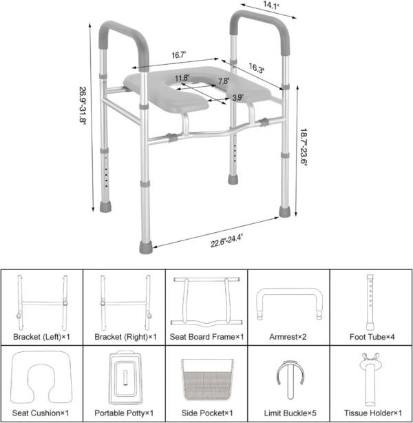 Asiento de inodoro elevado con asas - HSA 400LB, altura ajustable, ancho ajustable, elevador de inodoro para personas mayores con cómodos reposabrazos acolchados, asas, portarrollos, inodoro de noche - Imagen 2