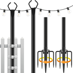 Paquete de 2 postes de luz de cadena, de 10 pies para luces exteriores, al aire libre con tenedor, soporte de metal para patio, terraza y patio trasero