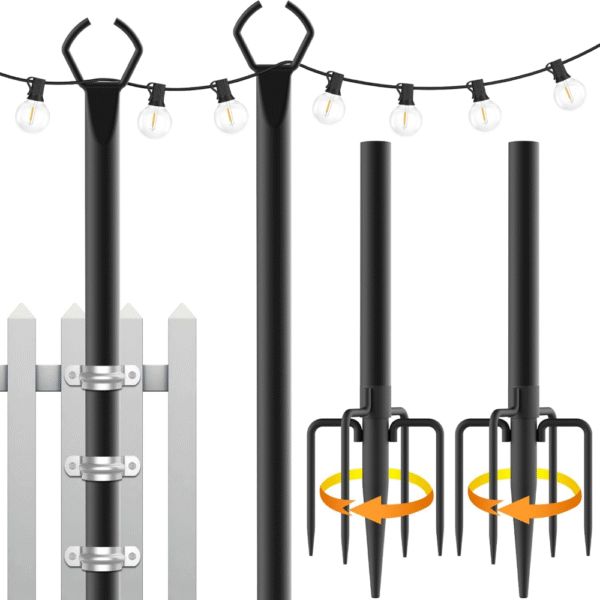 Paquete de 2 postes de luz de cadena, de 10 pies para luces exteriores, al aire libre con tenedor, soporte de metal para patio, terraza y patio trasero