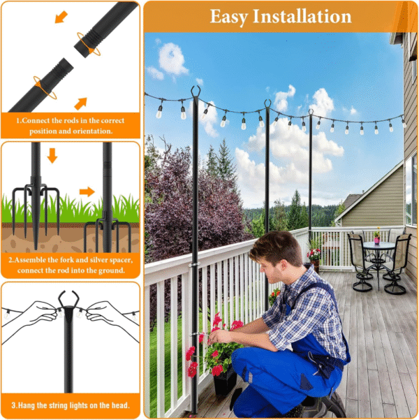 Paquete de 2 postes de luz de cadena, de 10 pies para luces exteriores, al aire libre con tenedor, soporte de metal para patio, terraza y patio trasero - Imagen 2