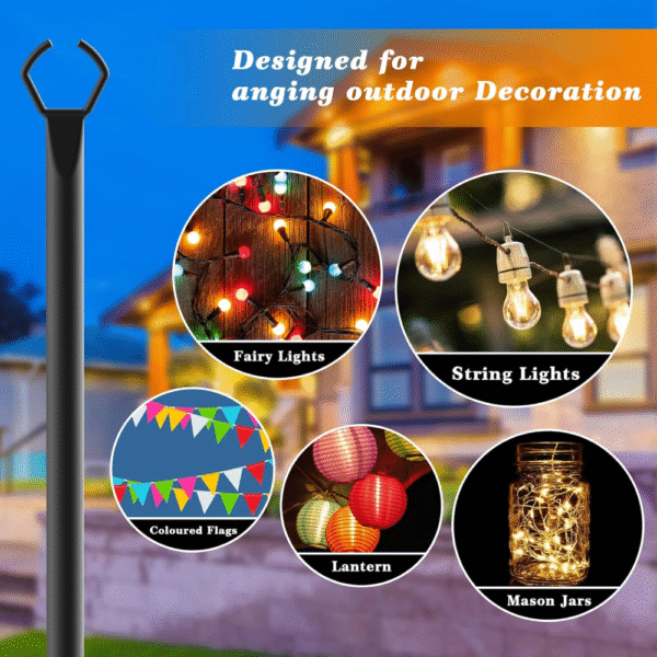 Paquete de 2 postes de luz de cadena, de 10 pies para luces exteriores, al aire libre con tenedor, soporte de metal para patio, terraza y patio trasero - Imagen 4