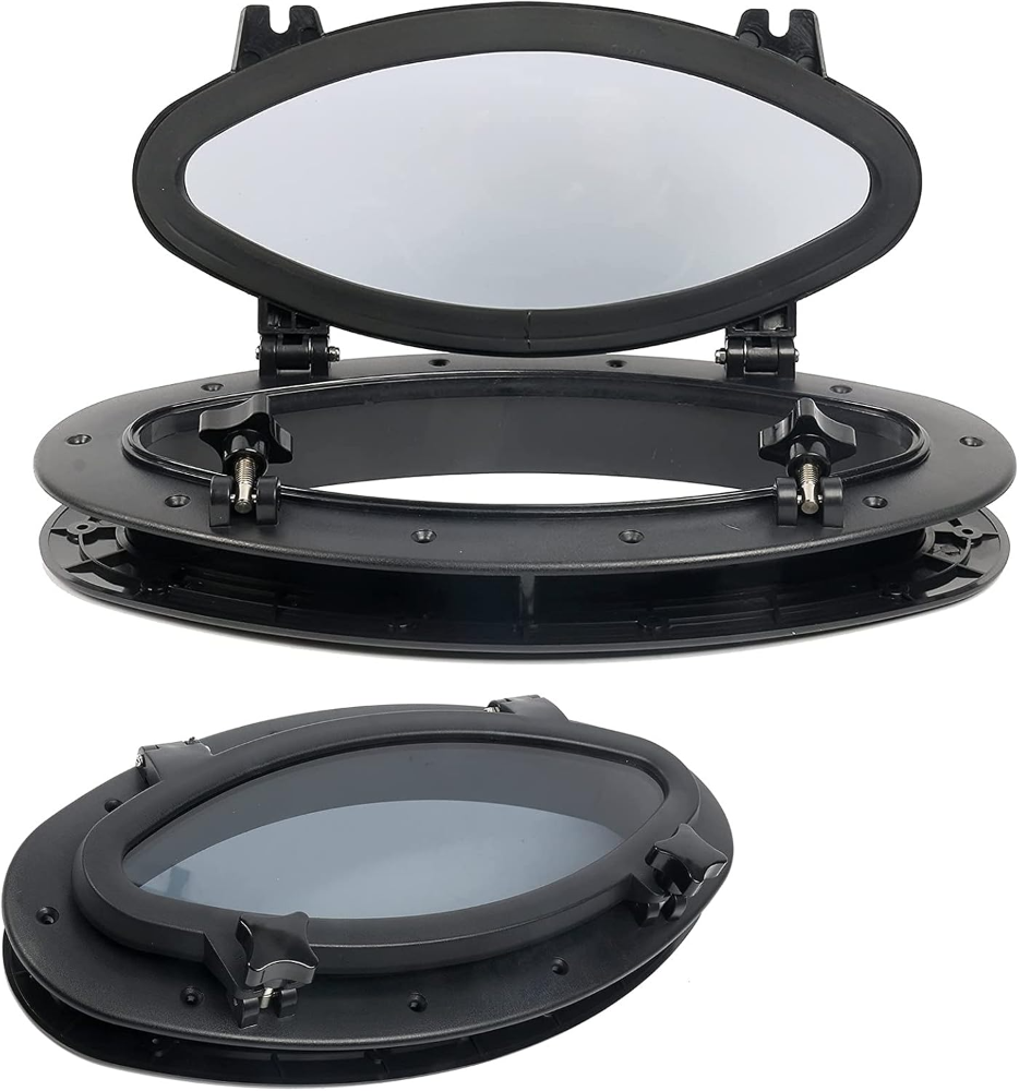 Amarine made Juego de 2 linternas elípticas de apertura ovalada para yate de barco, 16 x 8-5/8 pulgadas, orificio de puerto de ventana de repuesto, ABS, vidrio templado, color: blanco, negro (negro)