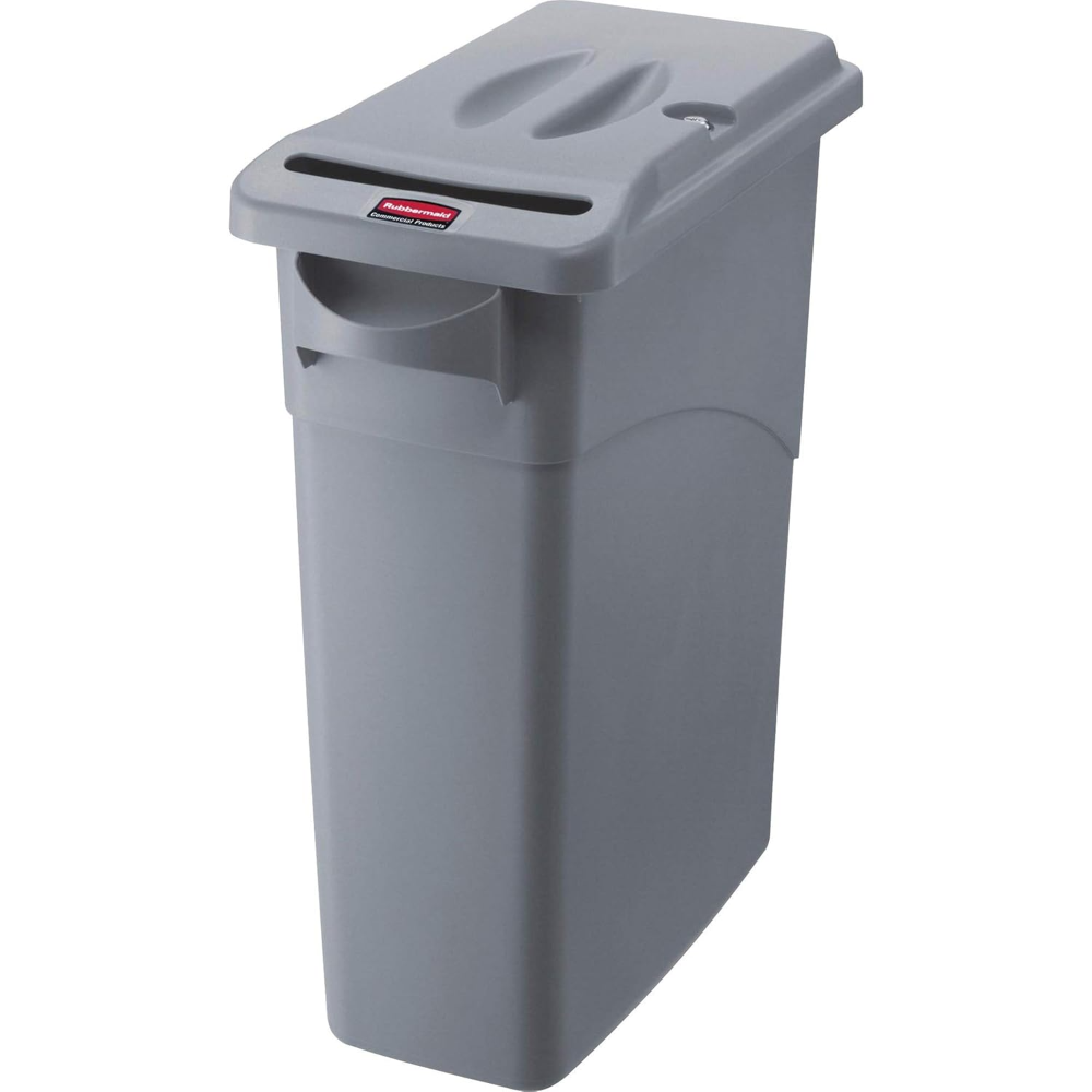Bote de basura para documentos confidenciales Slim Jim de Rubbermaid Commercial Products con tapa, 16 galones, color gris, con cerradura con llave para desechar documentos de forma segura