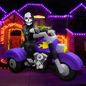 Decoración inflable para exteriores de Halloween, esqueleto de la parca inflable de 2.43 mts. de largo, montado en motocicleta, para el jardín, el patio y la decoración de fiestas del hogar