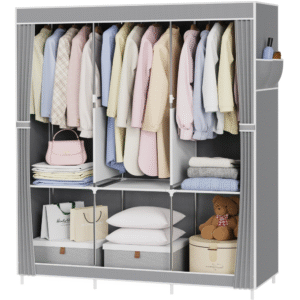 Closet con covertor a prueba de polvo, armario de 167.8 cm de altura con varillas para colgar y estantes de almacenamiento, solución espaciosa para dormitorio, guardarropa, tienda o lavandería